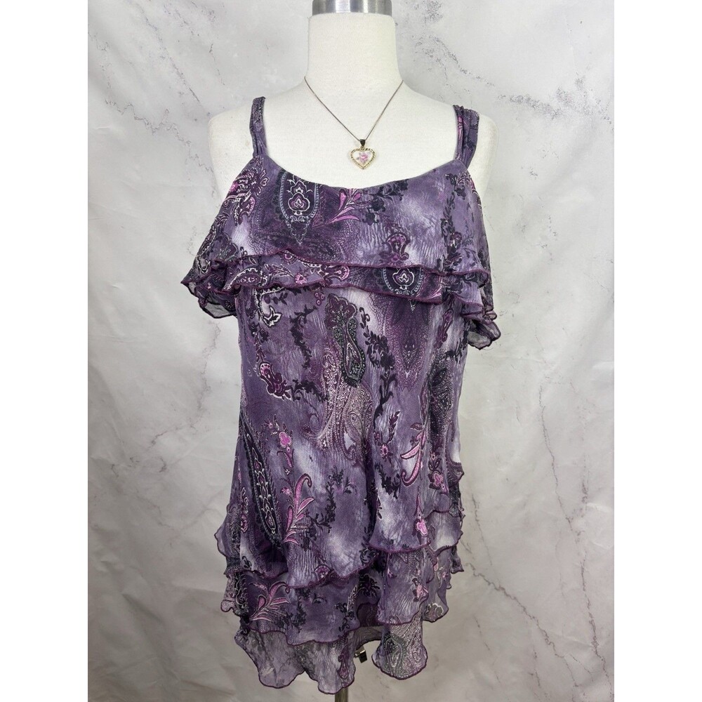 Vtg Y2k Silk Tiered Cami Blouse Asymmetrical Paisley Whimsigoth Fairy XL Purple - Picture 14 of 16
